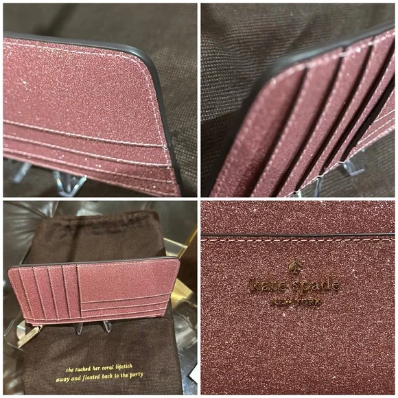 Authentic ♠️ Kate Spade NY Large Slim Cardholder in Glitter Mixed Mitten Pink